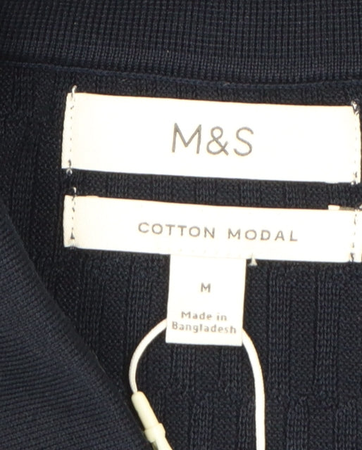 Marks and Spencer Men Black M Cotton Modal Collared Henley Jumper