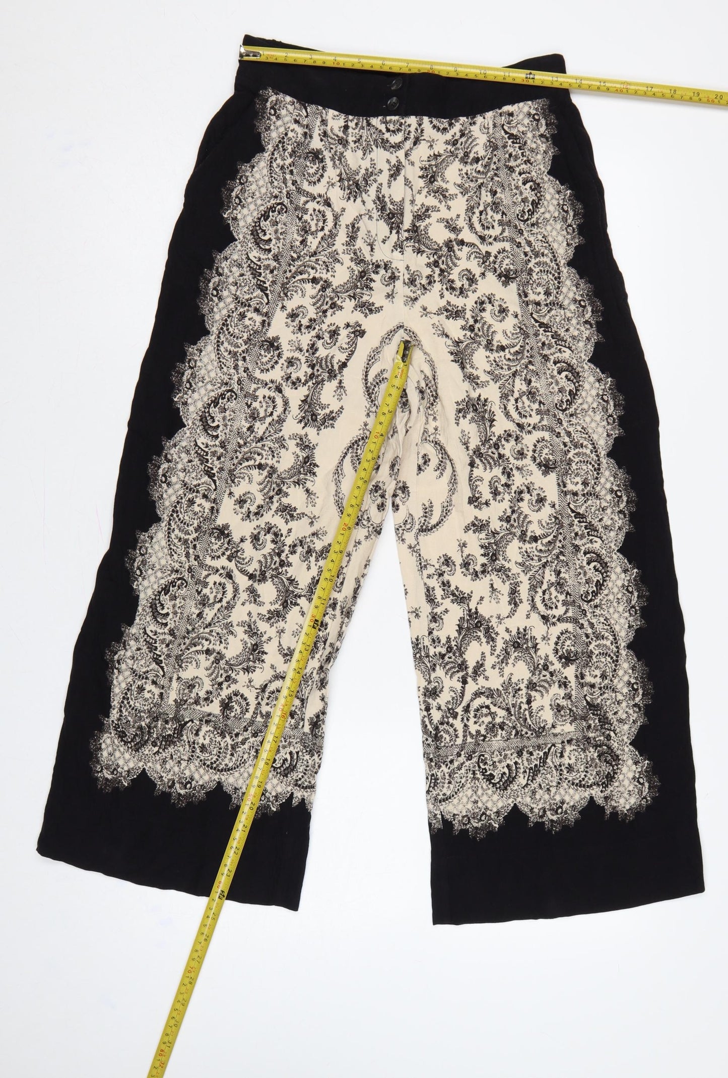 H&M Women’s Black Ivory Paisley Cropped Wide-Leg Trousers UK 10