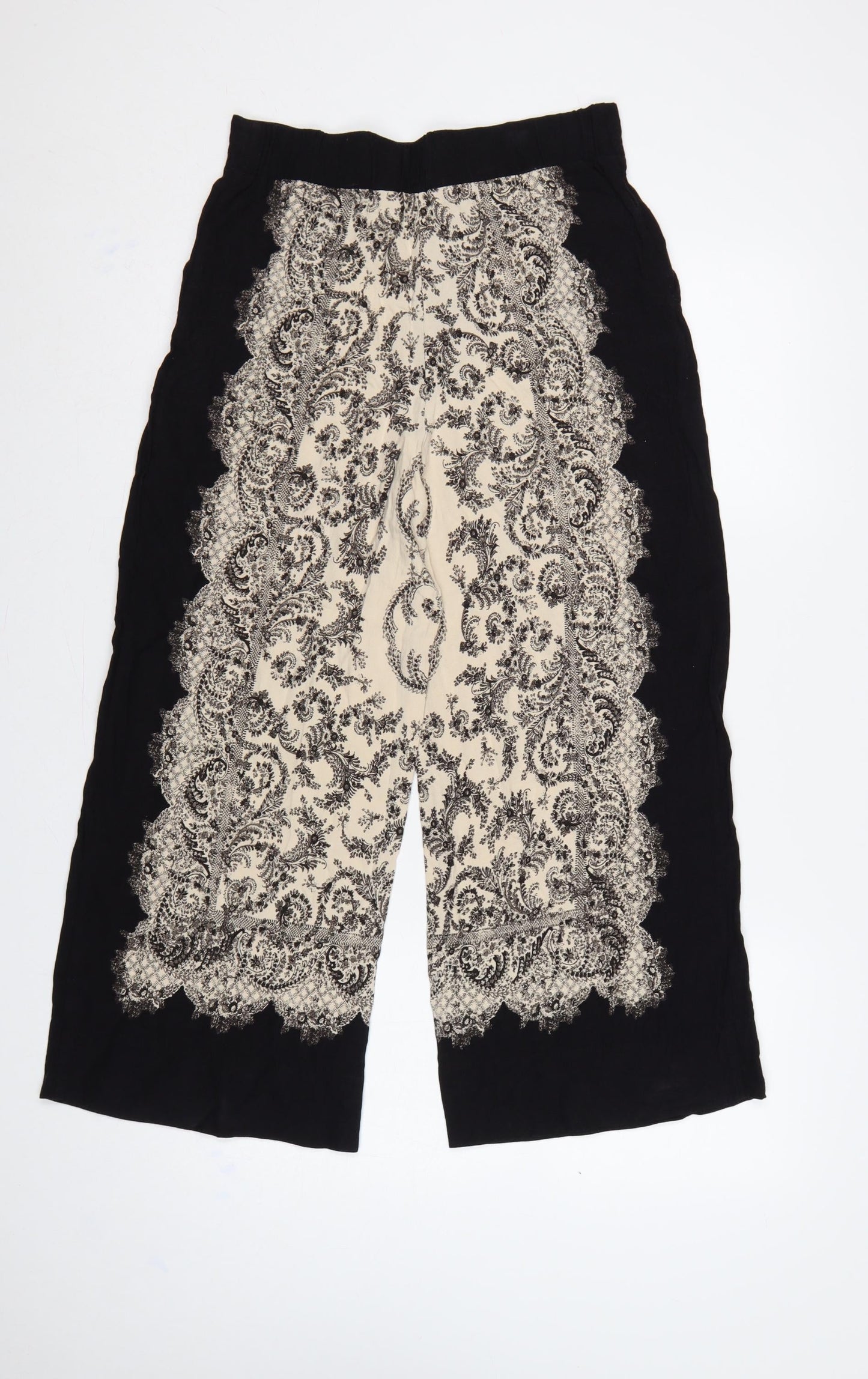 H&M Women’s Black Ivory Paisley Cropped Wide-Leg Trousers UK 10