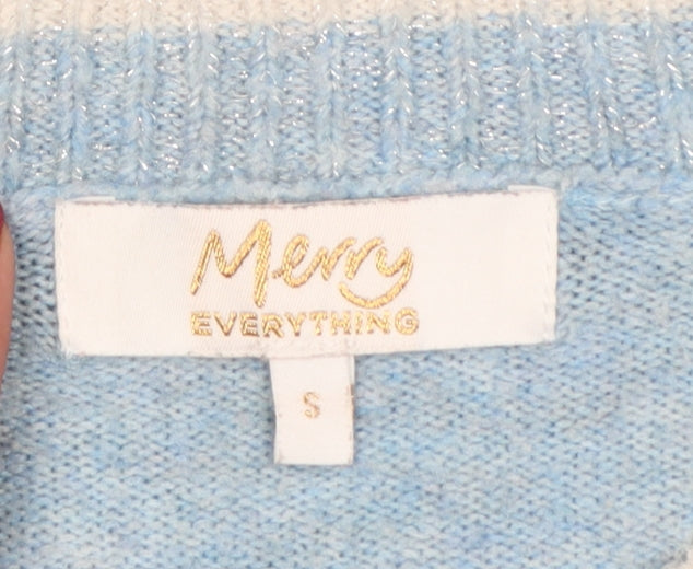 Merry Everything Women Blue UK 8 Sequin Snowflake Christmas Jumper