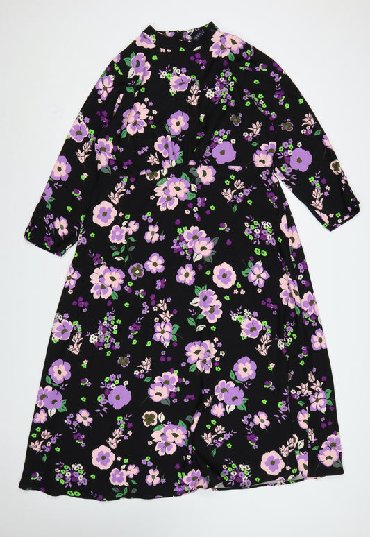 M&S Women Black Floral Fit & Flare Midi Dress UK 16