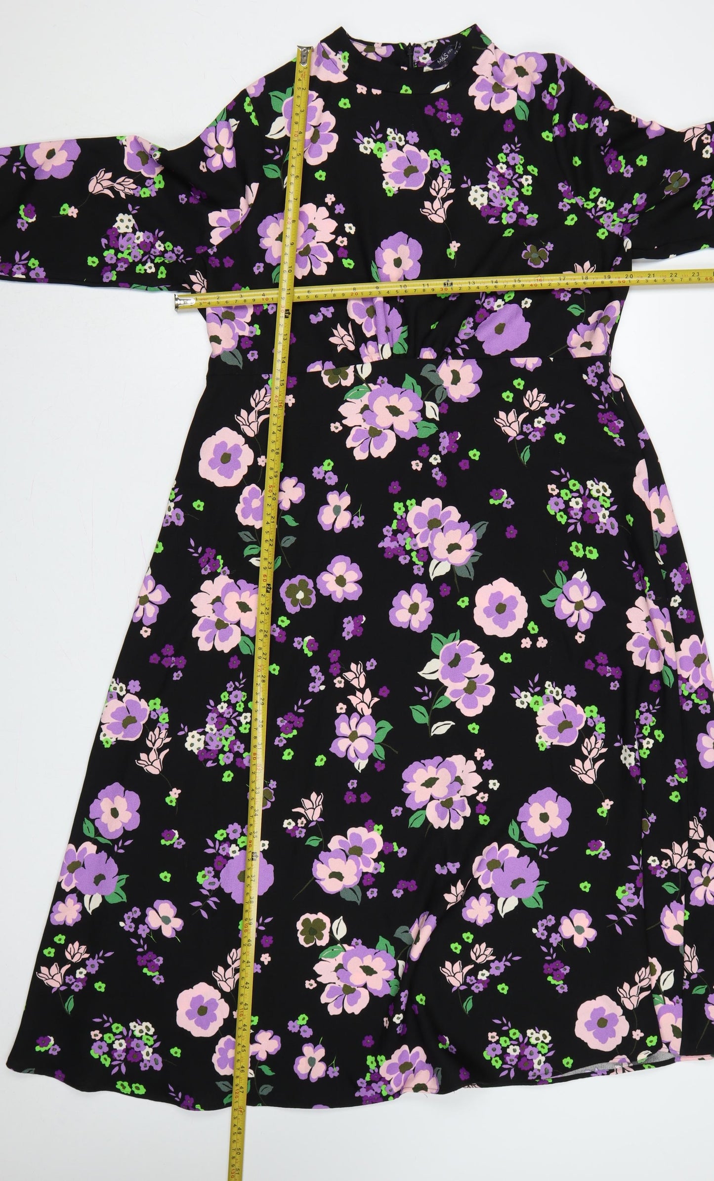 M&S Women Black Floral Fit & Flare Midi Dress UK 16