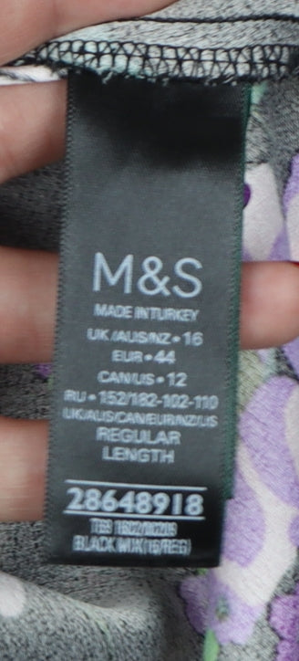 M&S Women Black Floral Fit & Flare Midi Dress UK 16