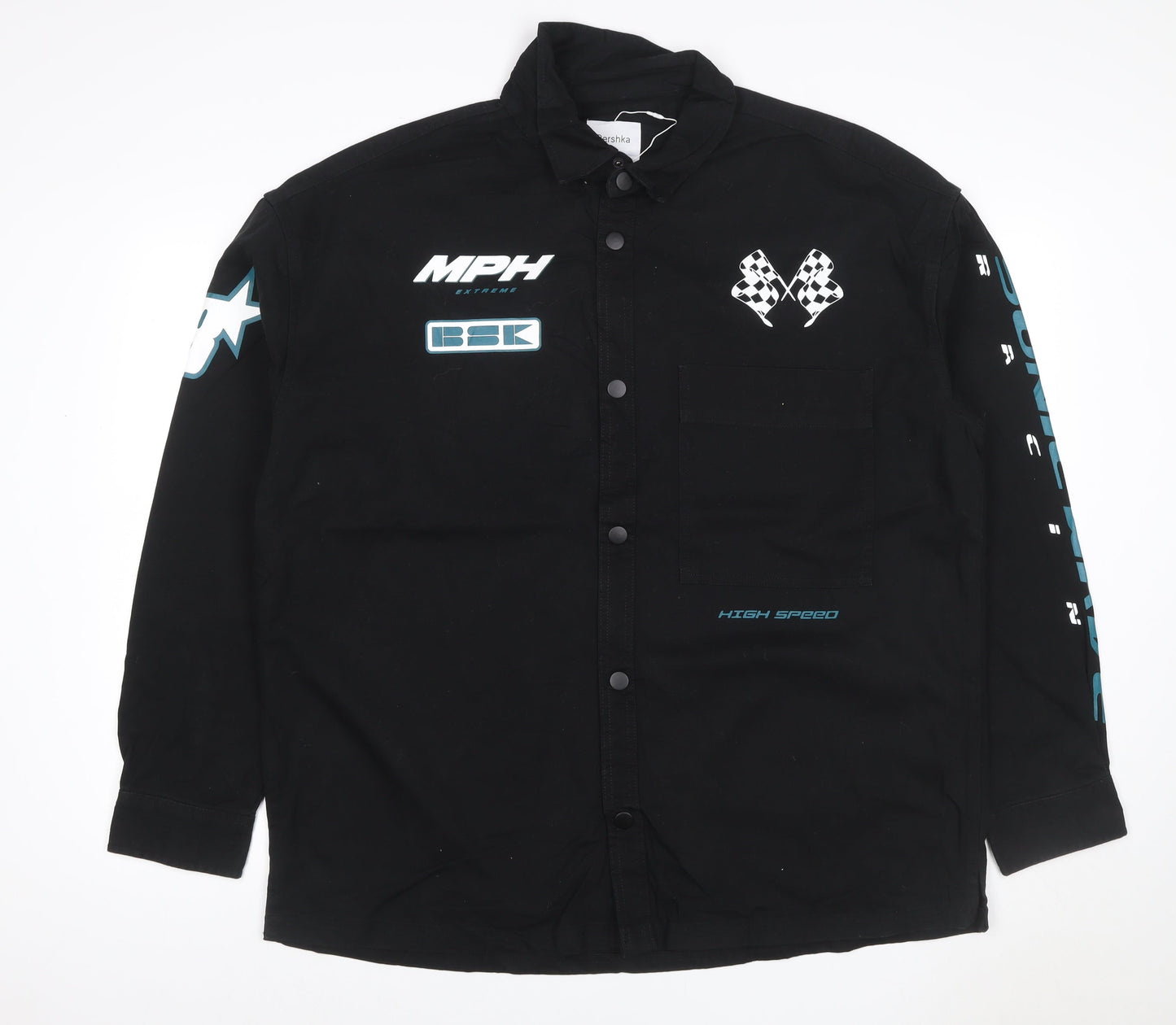 Bershka Men's Black Cotton Racing Graphic Snap Jacket