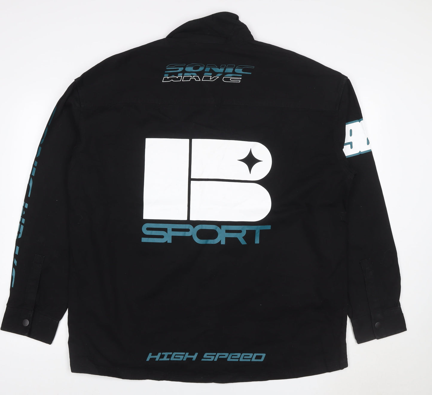 Bershka Men's Black Cotton Racing Graphic Snap Jacket