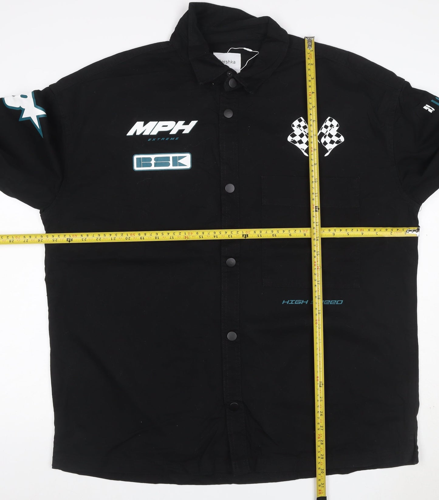 Bershka Men's Black Cotton Racing Graphic Snap Jacket