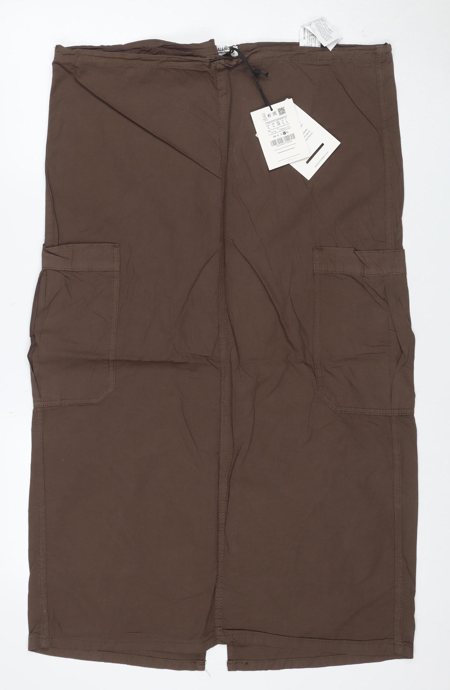 Pull&Bear Women Brown UK 12 Cargo Long Cotton Maxi Skirt Pockets NWT