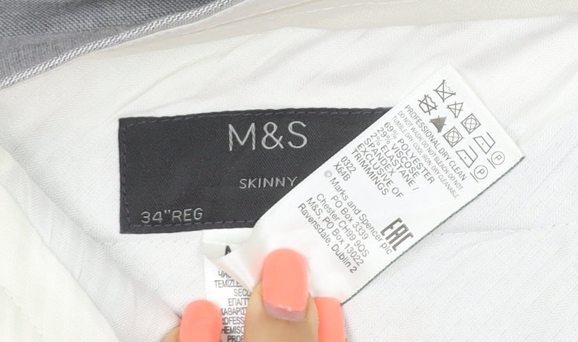Marks & Spencer Men Grey 34 Regular Skinny Dress Trousers Stretch