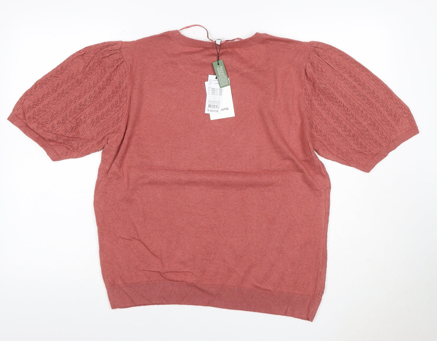 b.young Women Pink XL Puff Sleeve Pointelle Knit T-Shirt Top