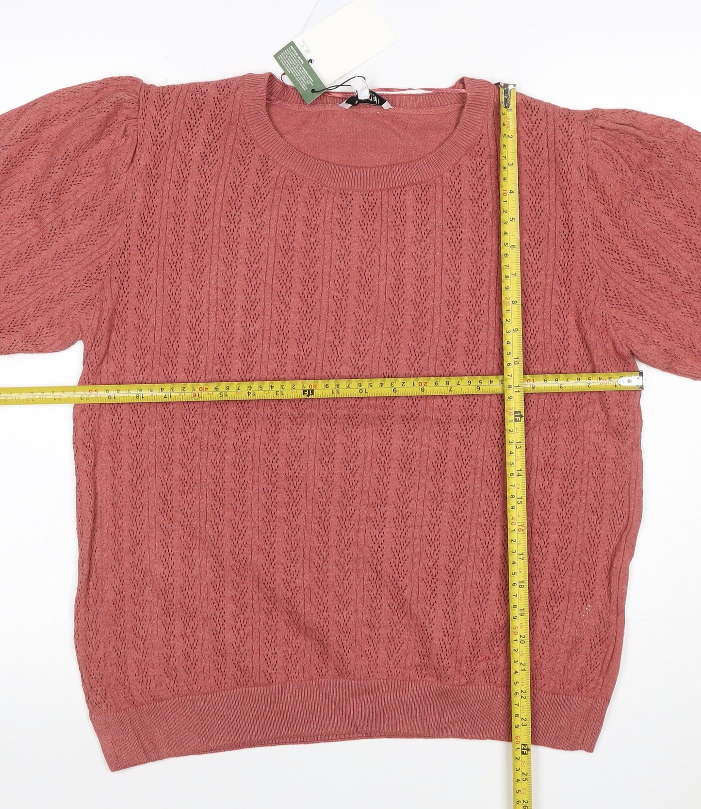 b.young Women Pink XL Puff Sleeve Pointelle Knit T-Shirt Top