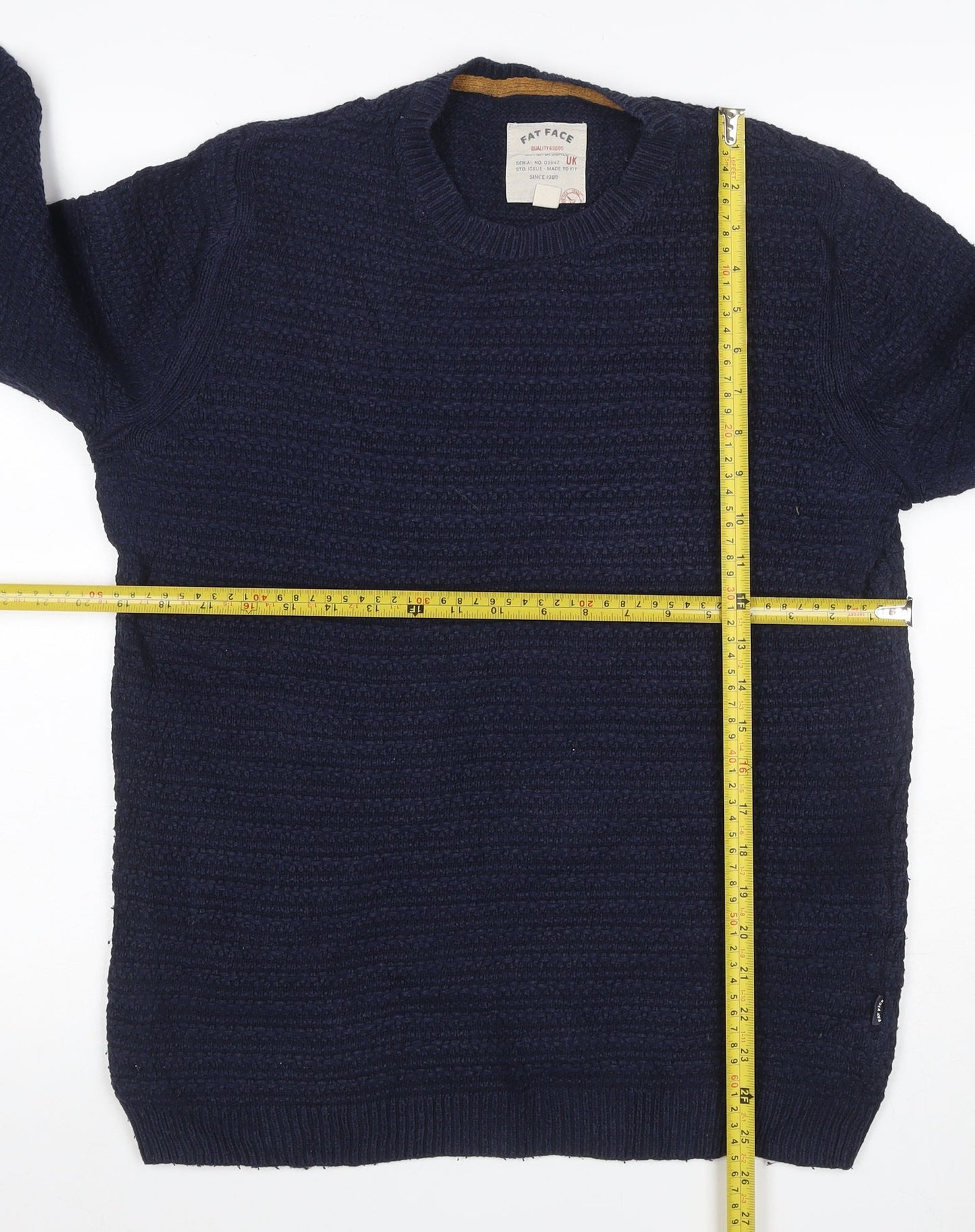 Fat Face Men’s Blue Size S Textured Cotton Blend Crew Neck Jumper