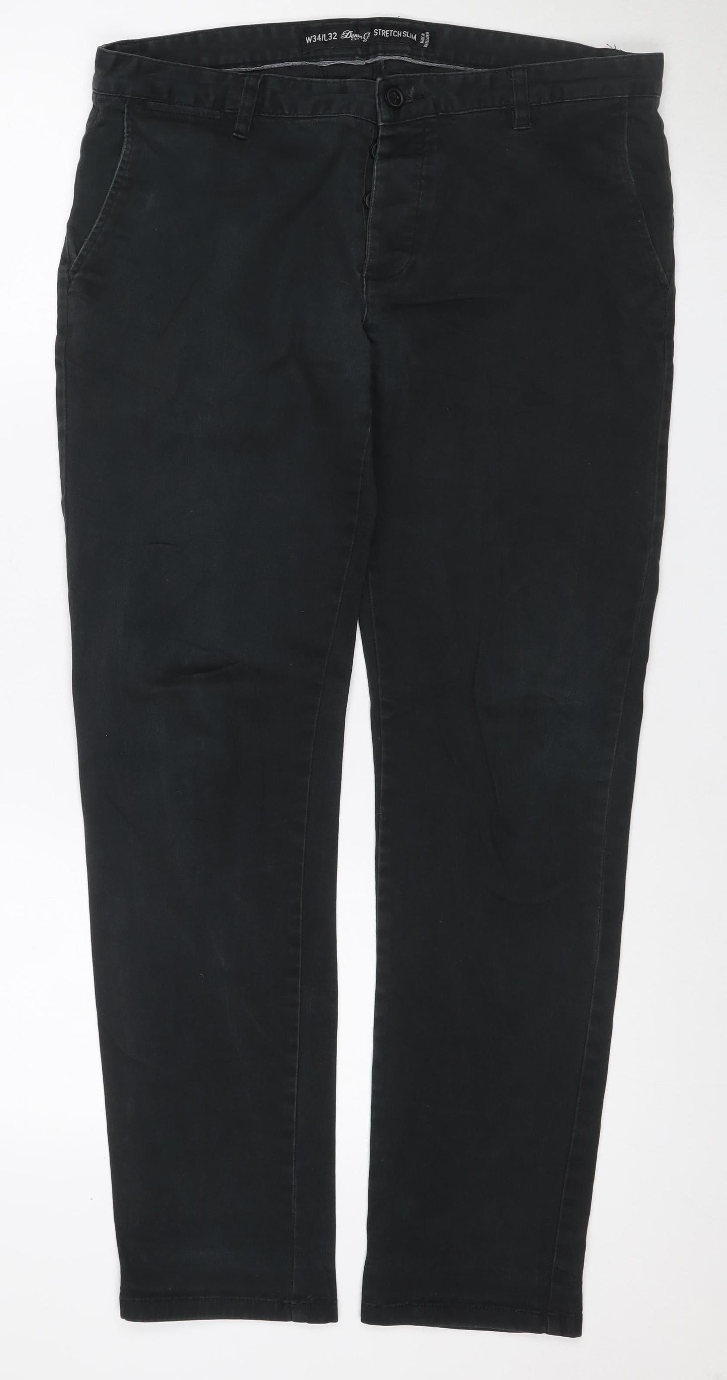 Denim Co Men's Black W34 L32 Stretch Slim Chino Trousers Cotton