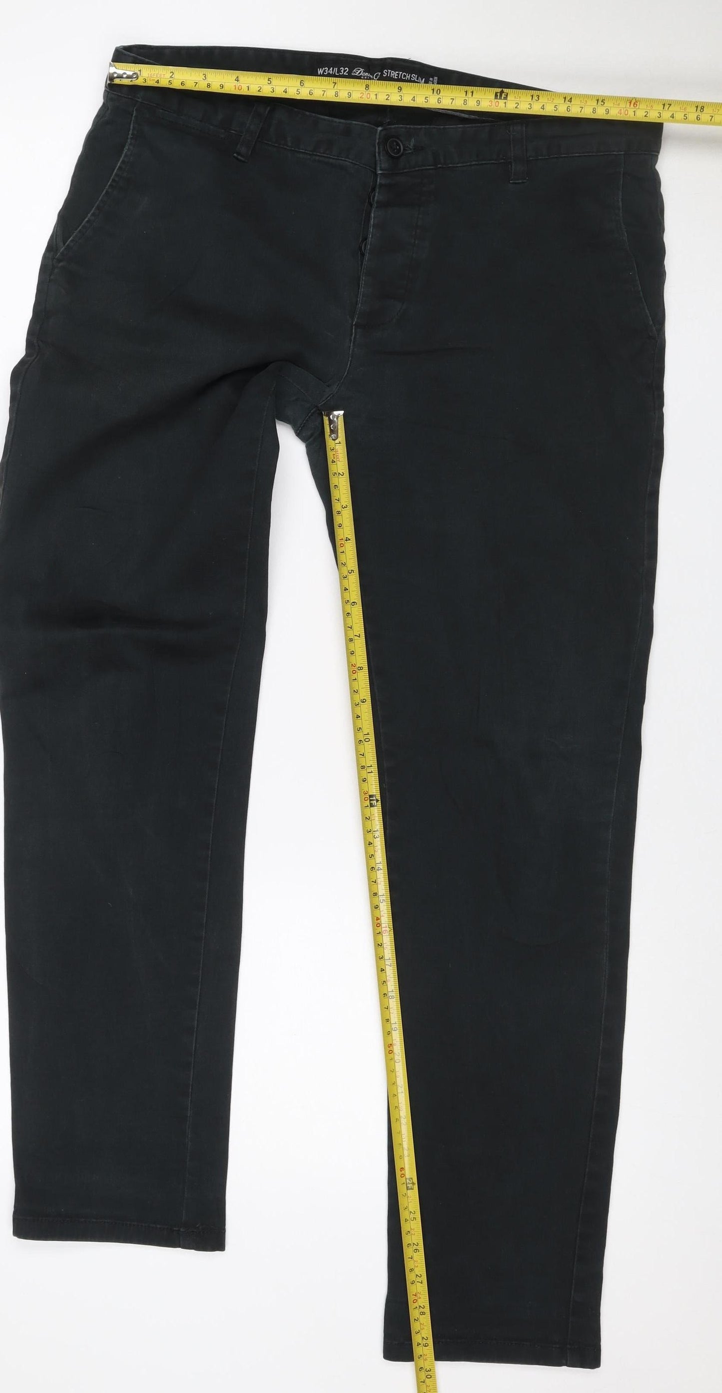 Denim Co Men's Black W34 L32 Stretch Slim Chino Trousers Cotton