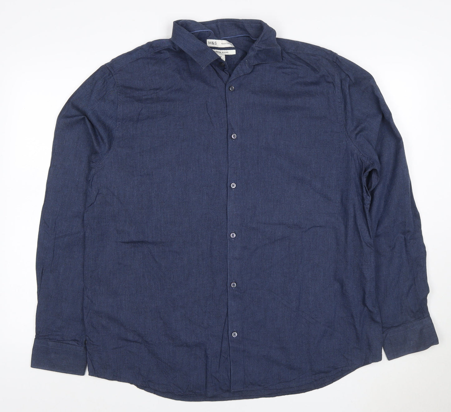 Marks and Spencer Men's Blue XL Regular Fit Long Sleeve Button-Up Shirt