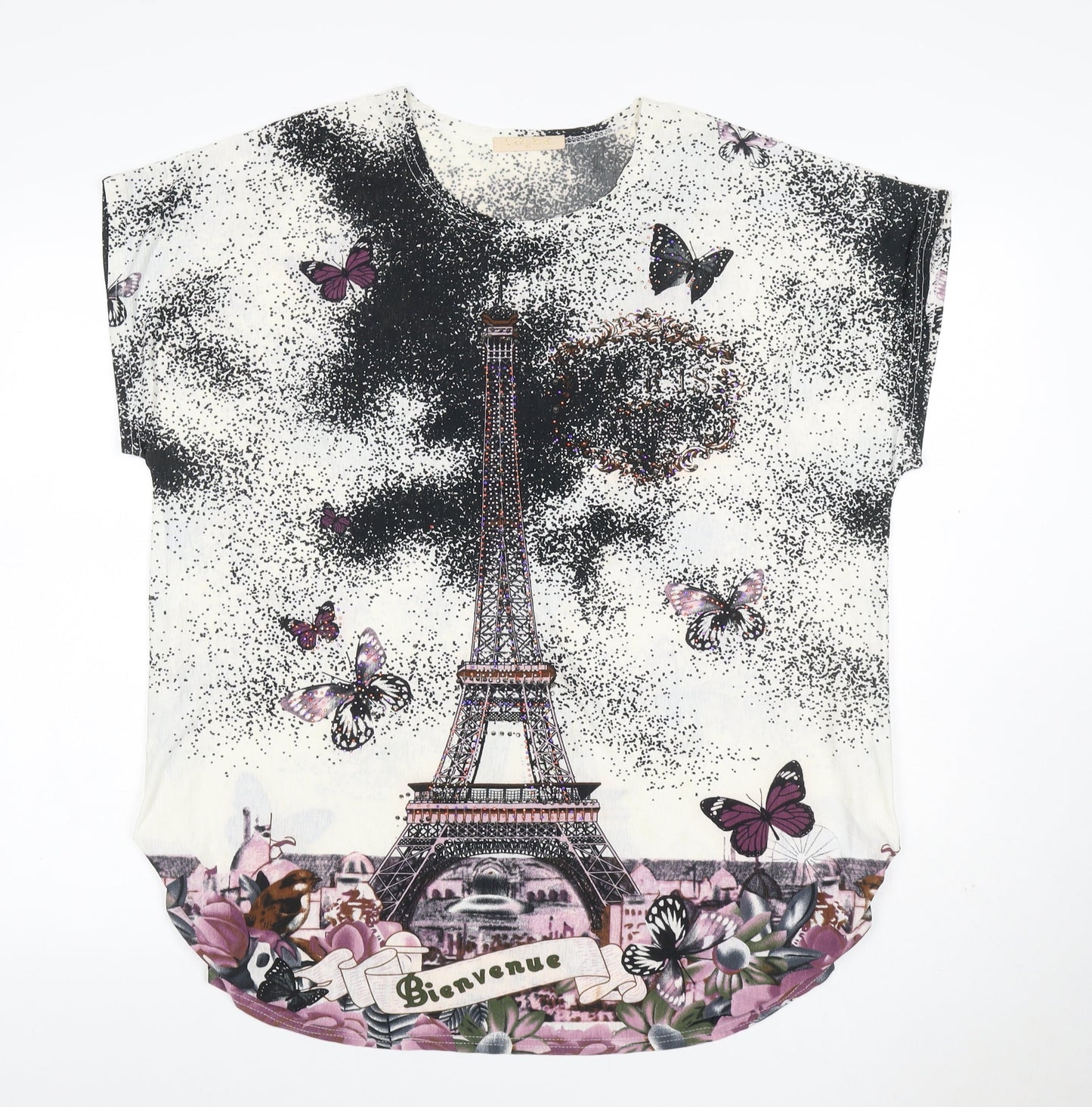 LIN.N.B. Women Ivory M Eiffel Tower Butterfly Rhinestone T-Shirt