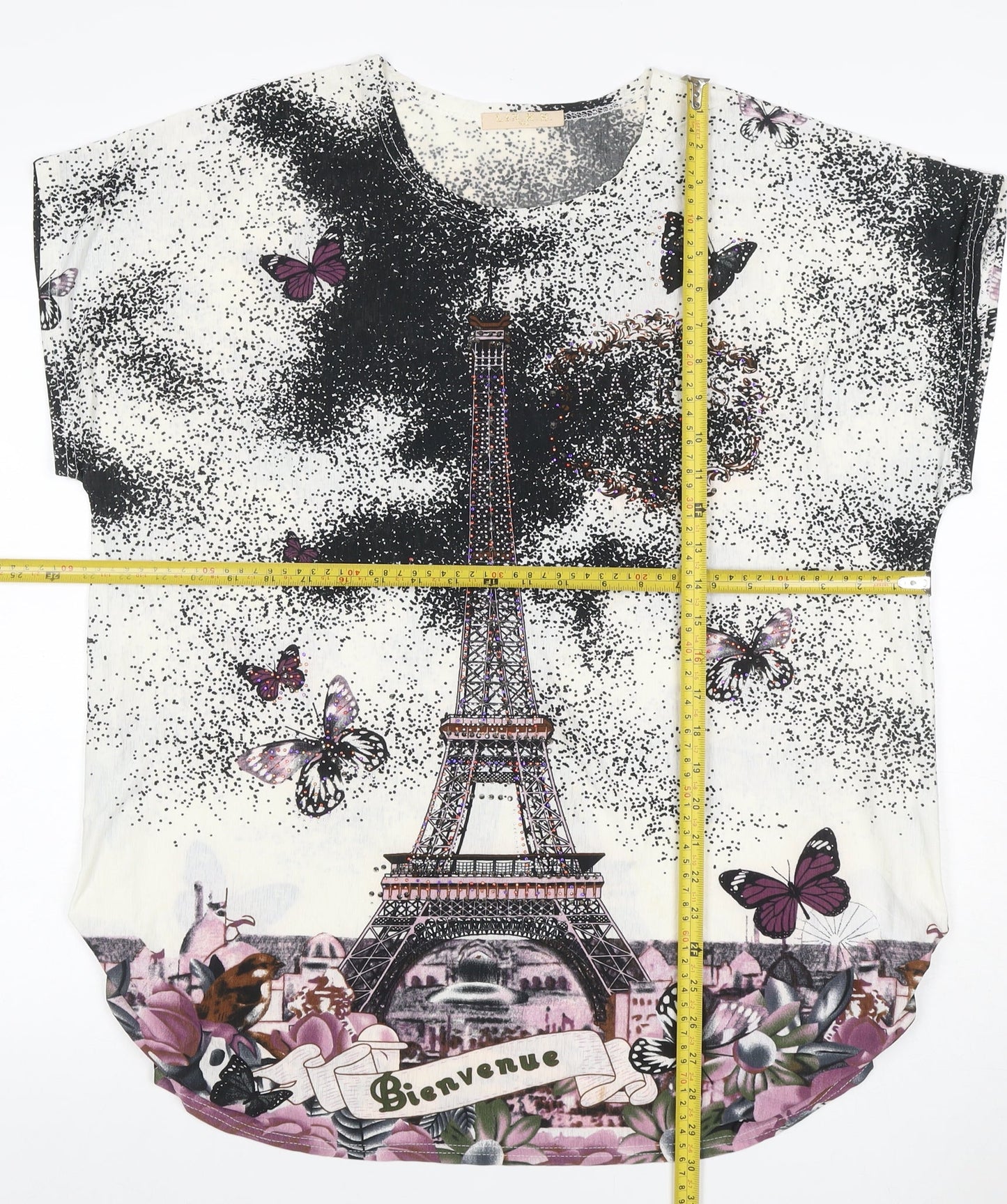 LIN.N.B. Women Ivory M Eiffel Tower Butterfly Rhinestone T-Shirt