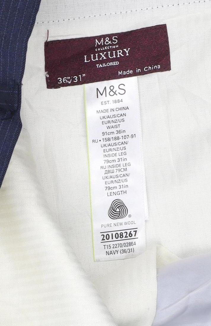 Marks and Spencer Men Blue Pinstripe Wool Dress Trousers 36in 31in