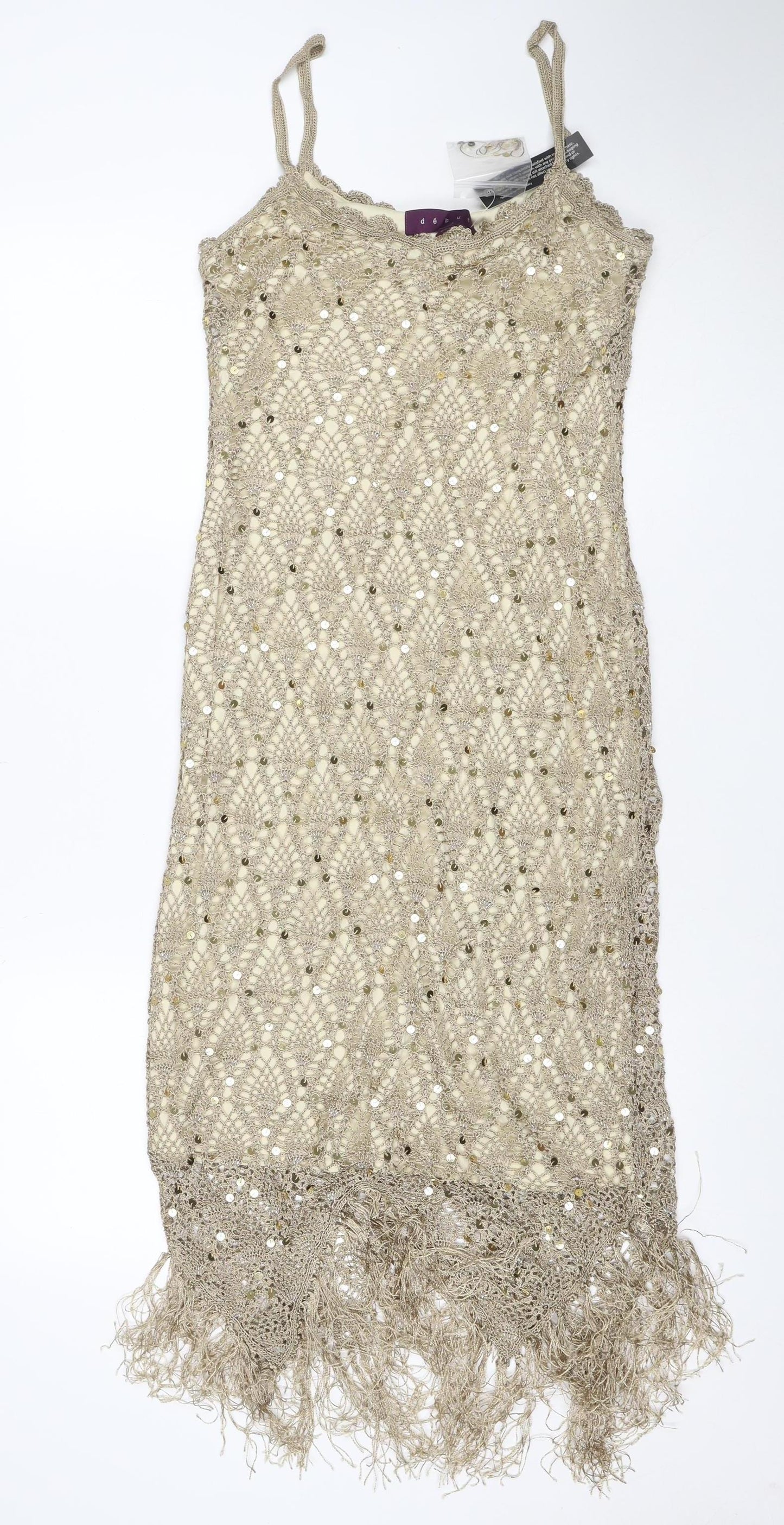 Debut Women Beige Size 10 Sequin Crochet Fringe Slip Dress