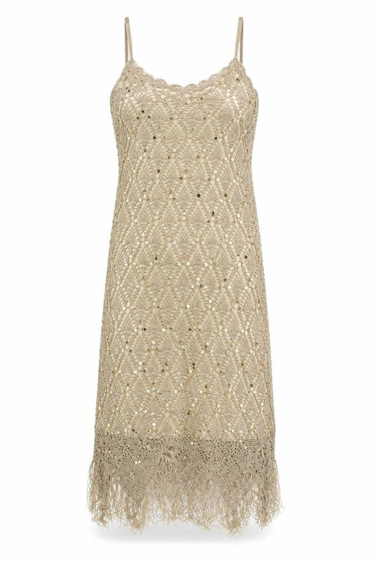 Debut Women Beige Size 10 Sequin Crochet Fringe Slip Dress