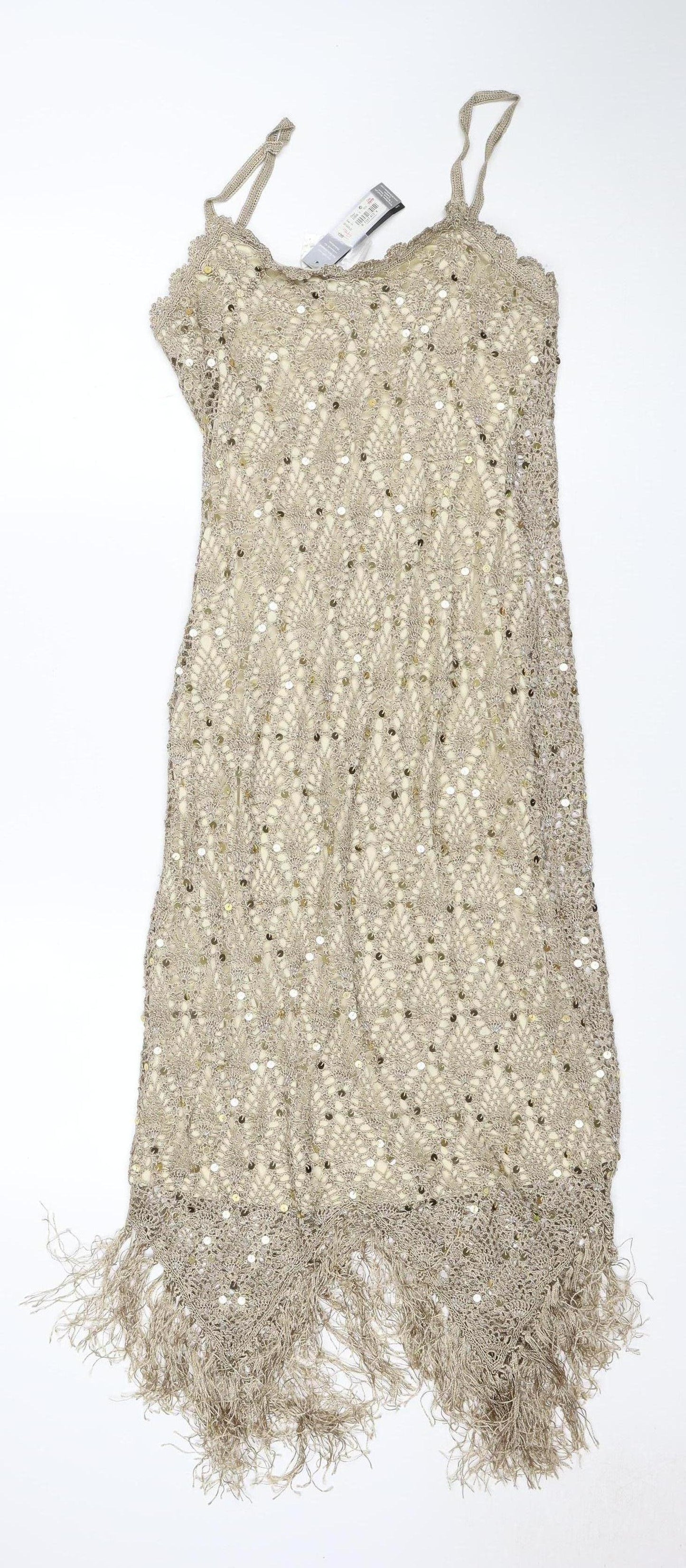Debut Women Beige Size 10 Sequin Crochet Fringe Slip Dress