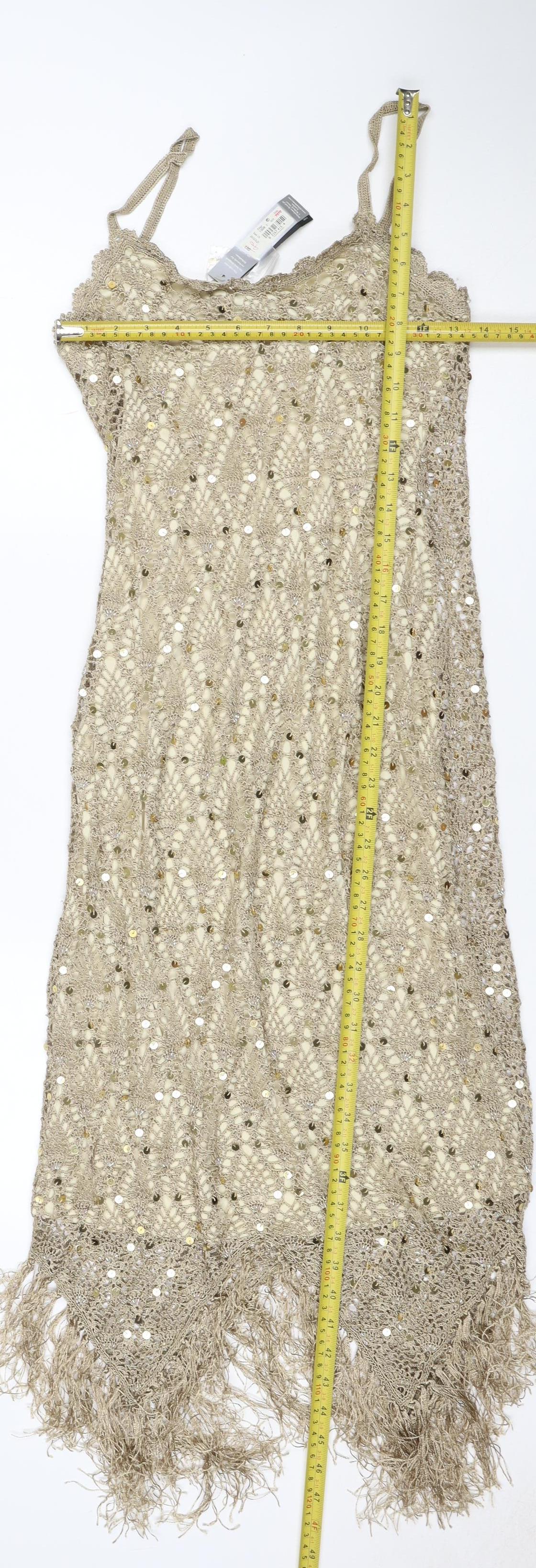 Debut Women Beige Size 10 Sequin Crochet Fringe Slip Dress