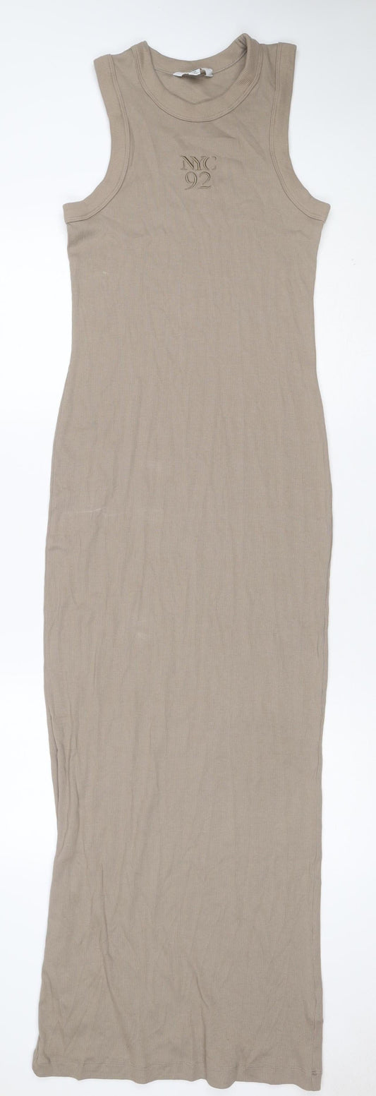 Next Women Beige UK 10 Ribbed Cotton Stretch Midi Tank Dress