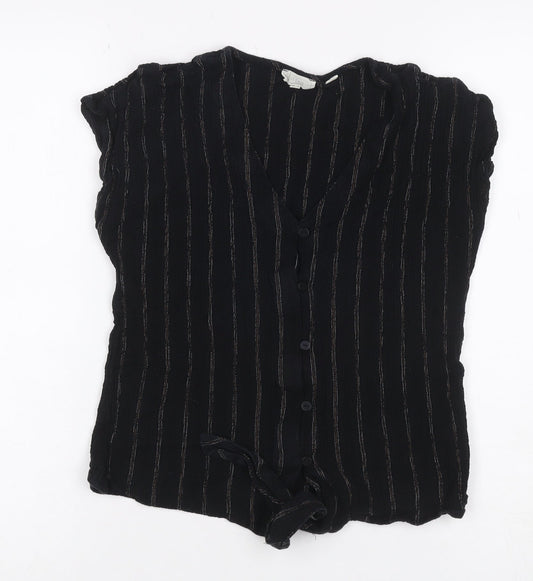 Fat Face Women’s Black Striped Tie Front Button-Up Blouse UK 10