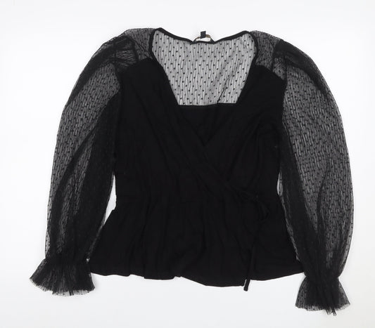 Lipsy Women’s Black UK 18 Wrap Blouse Sheer Mesh Balloon Sleeves
