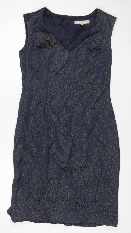 Henry W. Mason Women’s Blue Gold Houndstooth Jacquard Sheath Dress UK 14