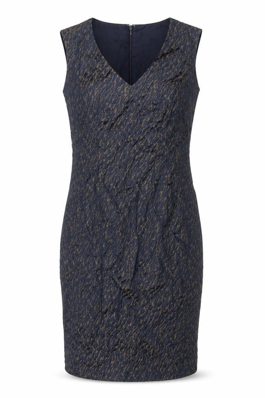 Henry W. Mason Women’s Blue Gold Houndstooth Jacquard Sheath Dress UK 14