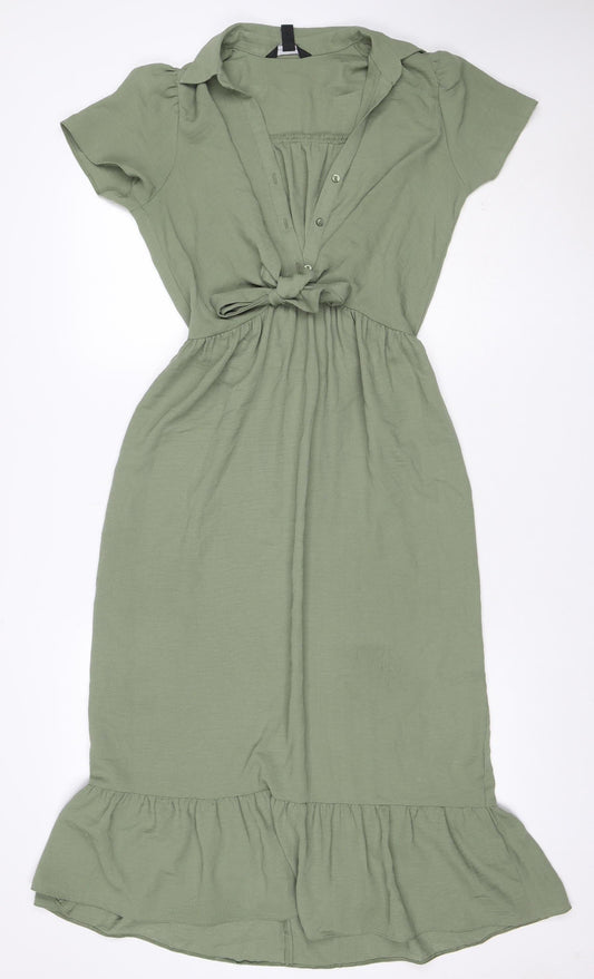 New Look Women Green UK 10 Fit & Flare Ruffle Button Long Dress