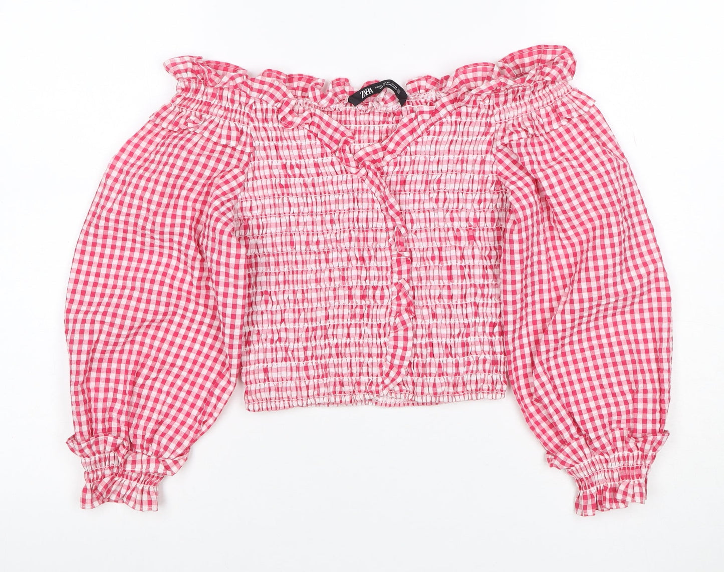 Zara Women Pink XS Gingham Cropped Smocked Ruffle Blouse