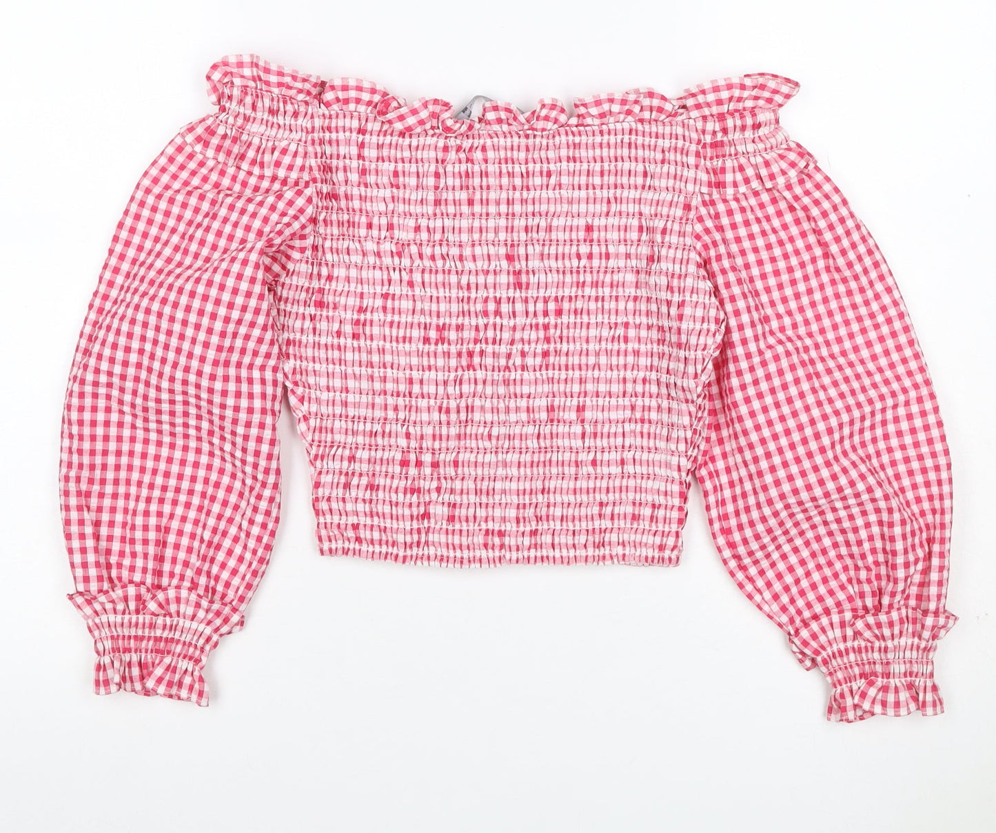 Zara Women Pink XS Gingham Cropped Smocked Ruffle Blouse
