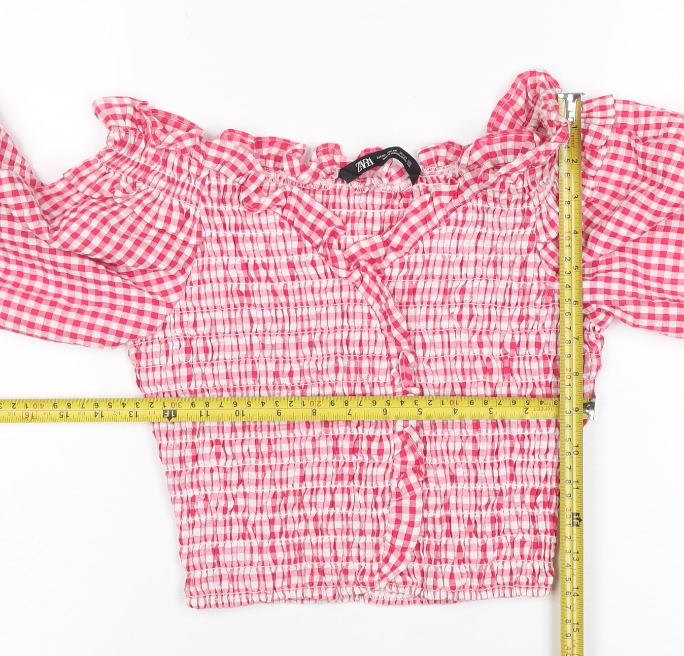 Zara Women Pink XS Gingham Cropped Smocked Ruffle Blouse