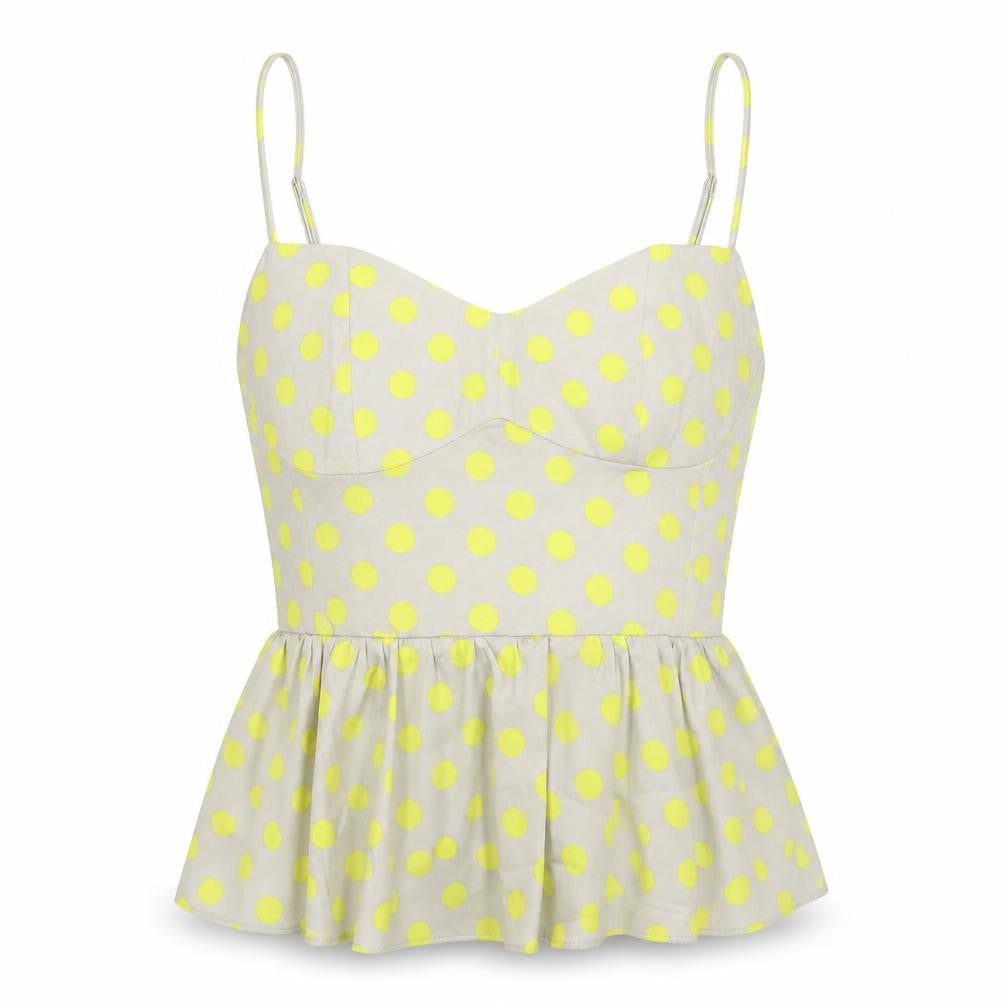 Zara Women Beige Yellow Polka Dot Sheer Peplum Blouse Size S