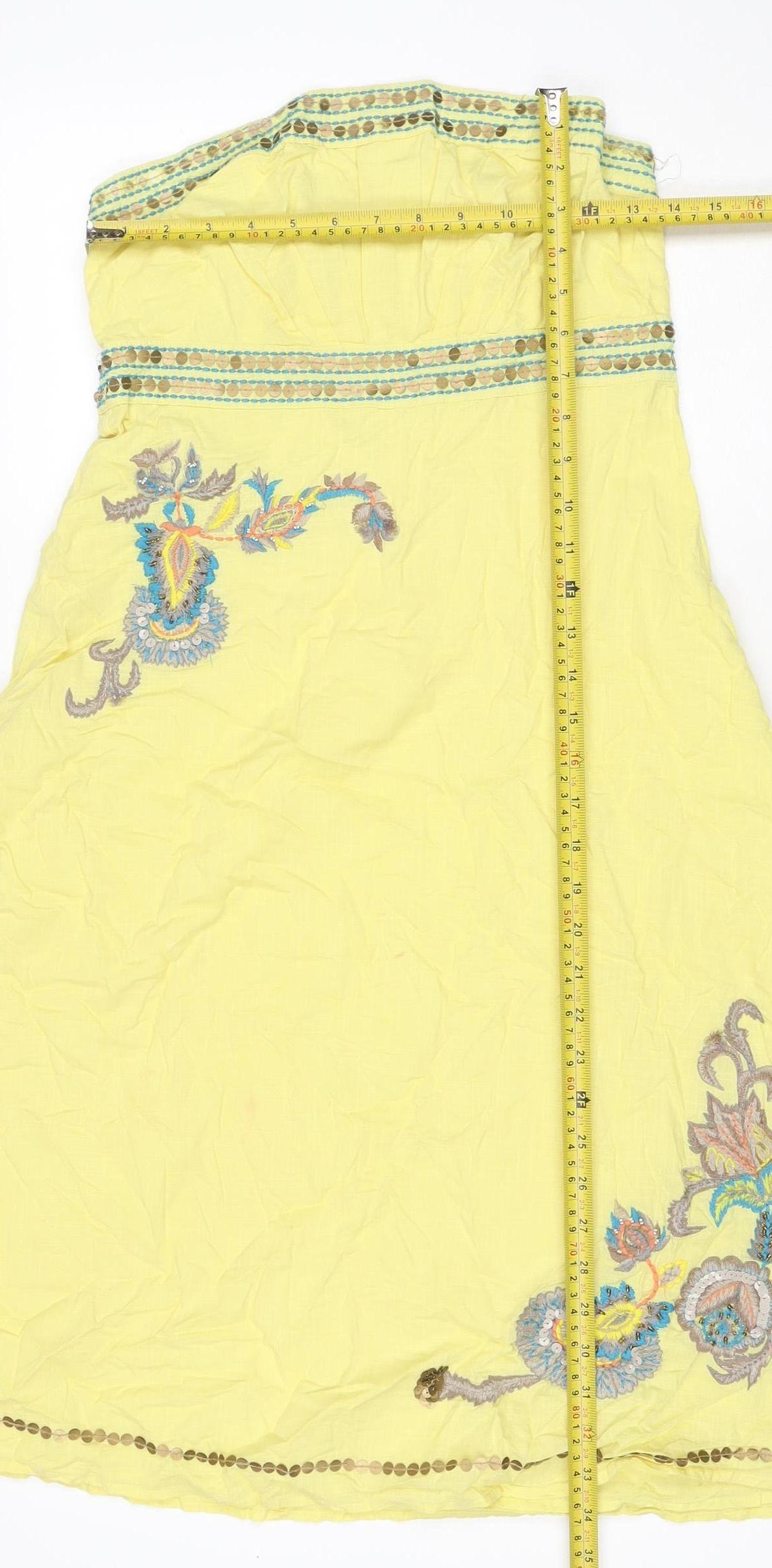 Monsoon Women Yellow UK 10 A-Line Short Cotton Embroidered Dress