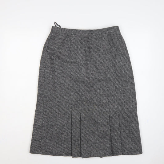 St Michael Women Grey Wool Herringbone Pleated A-Line Midi Skirt UK 16