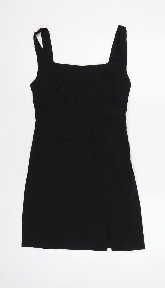 Mango Women Black UK 8 Long Sheath Square Neck Side Slit Dress