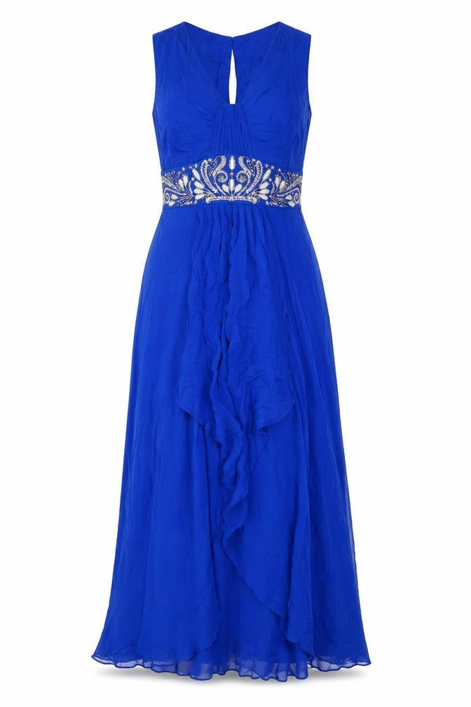 Monsoon Women Blue Silk UK 12 Maxi Beaded V-Neck Formal Dress