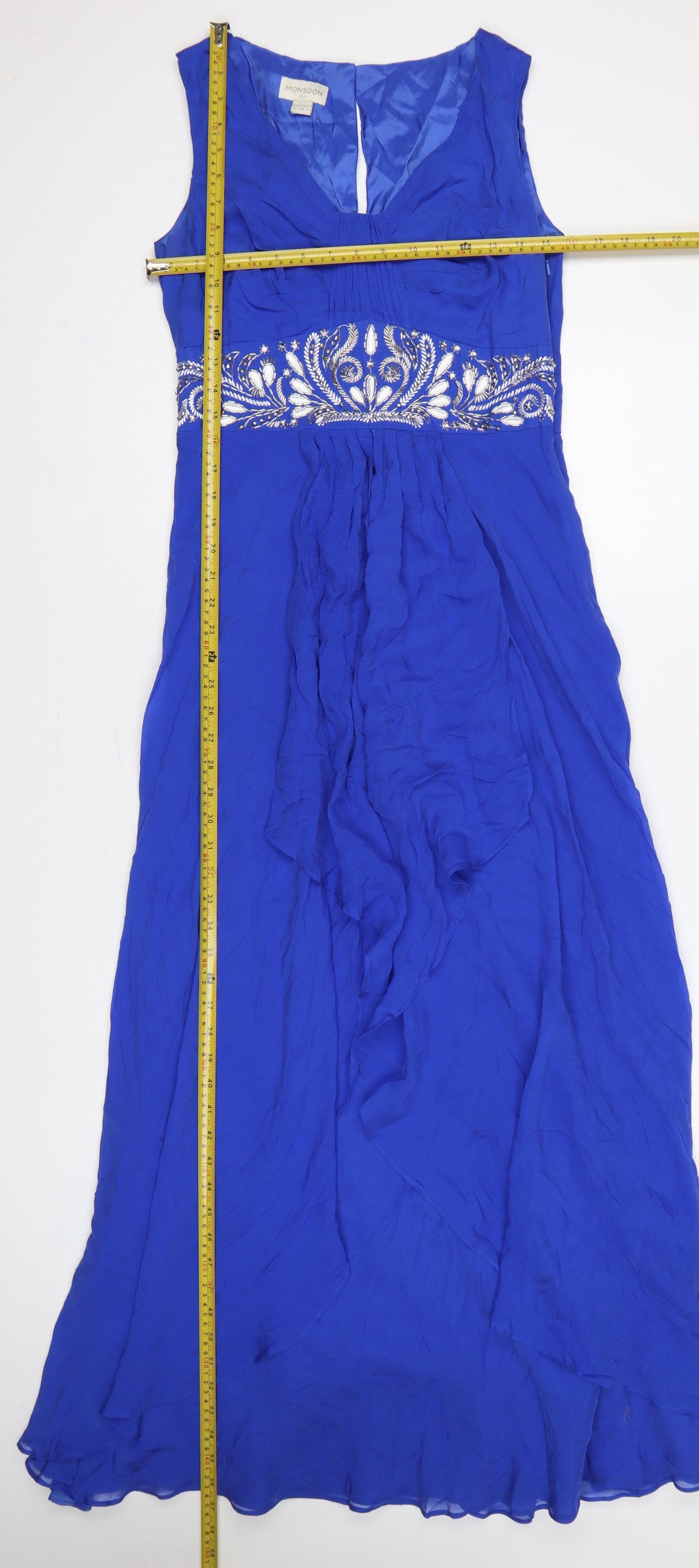 Monsoon Women Blue Silk UK 12 Maxi Beaded V-Neck Formal Dress