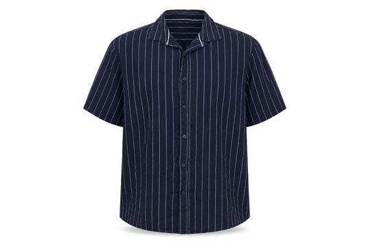 Larsson & Co Men Blue XL Striped Cotton Short Sleeve Button-Up Shirt