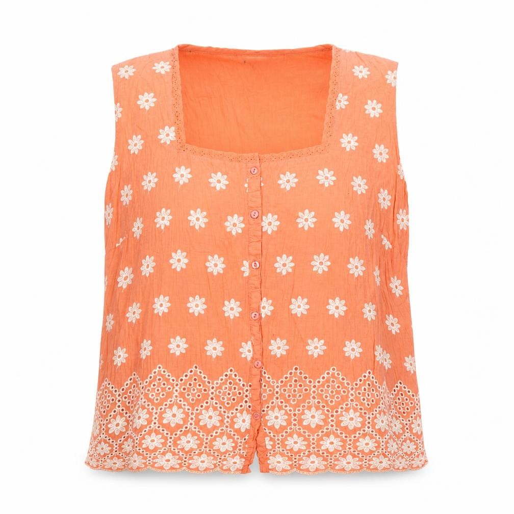 Front view of Roman Women Orange, size 12, Floral Embroidered Cotton Sleeveless Blouse
