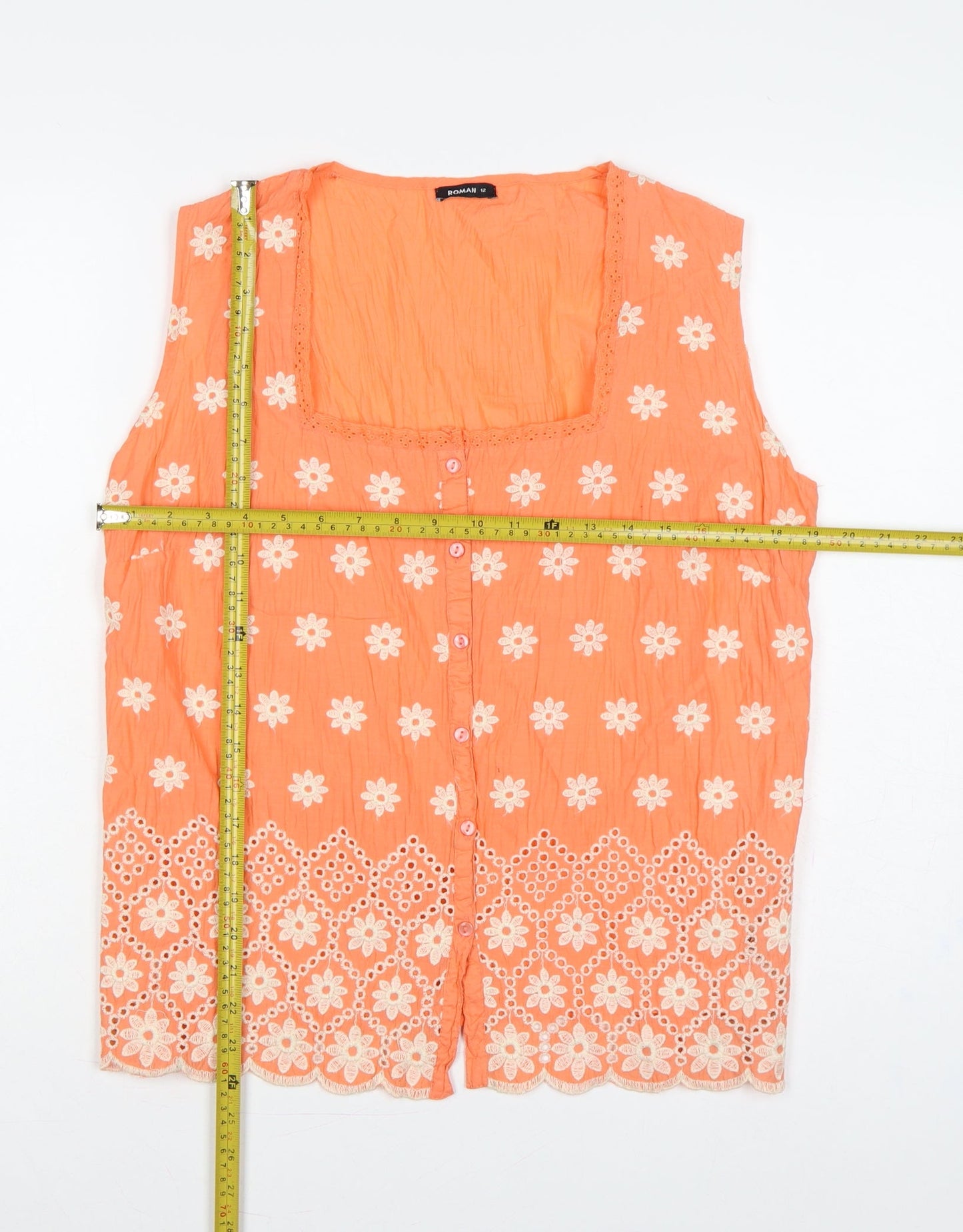 Roman Women Orange Size 12 Floral Embroidered Cotton Sleeveless Blouse