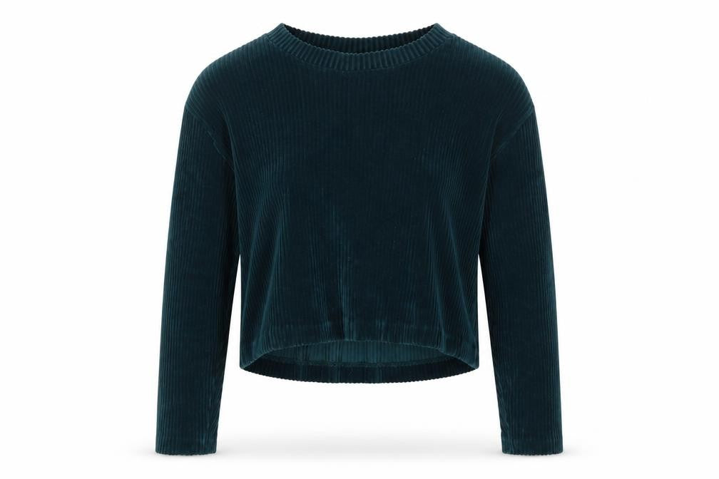 Weekday Women Green L Cropped Velvet Ribbed Long Sleeve Top