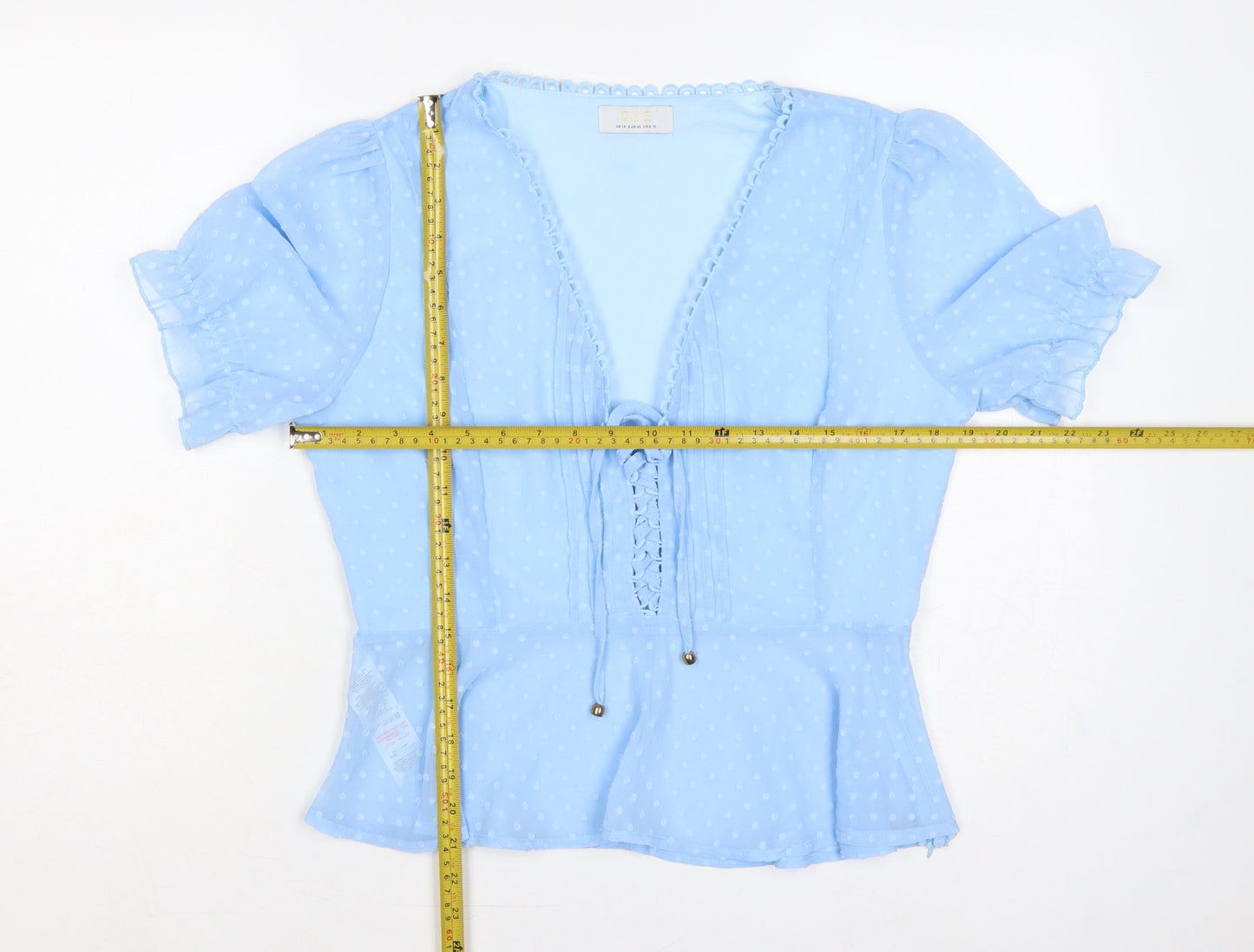 Quiz Women Blue UK 14 Polka Dot Ruffle Tie V-Neck Chiffon Blouse