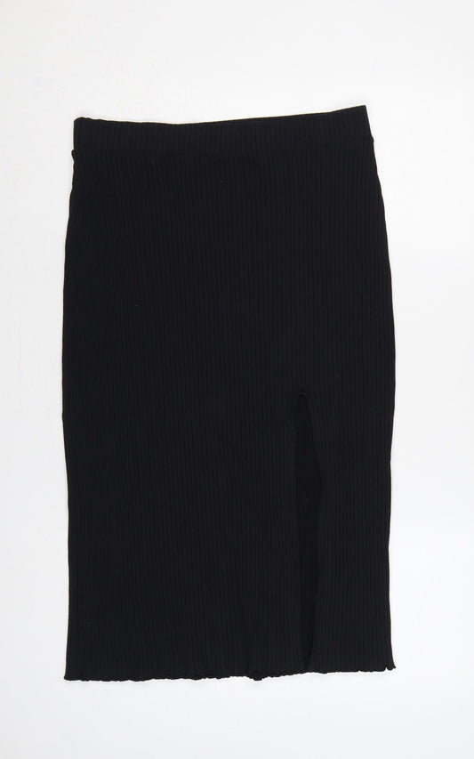 & Other Stories Women Black M Ribbed Knit Midi Pencil Skirt Slit