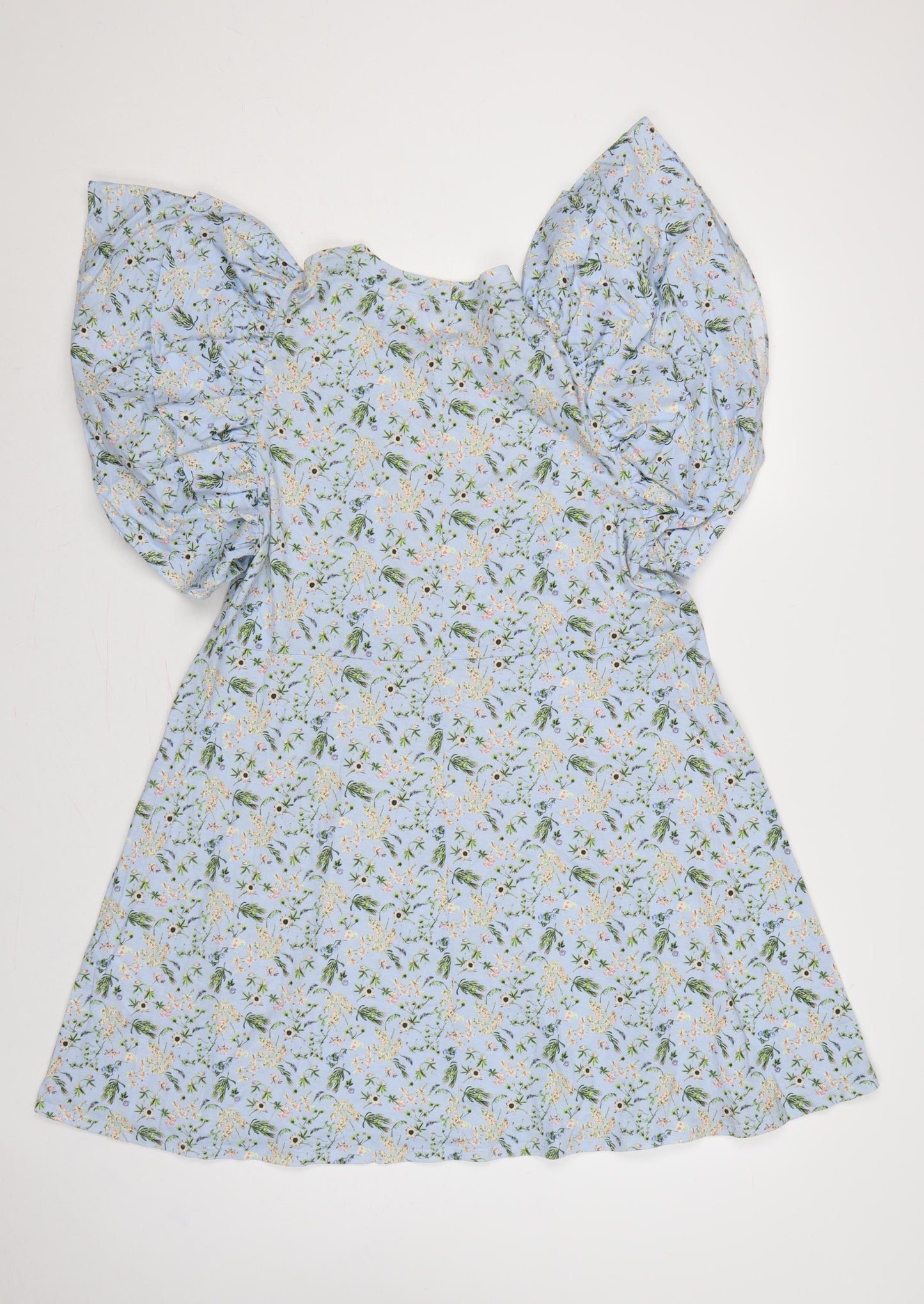 Zara Women Blue Floral Fit & Flare Puff Sleeve Short Dress L