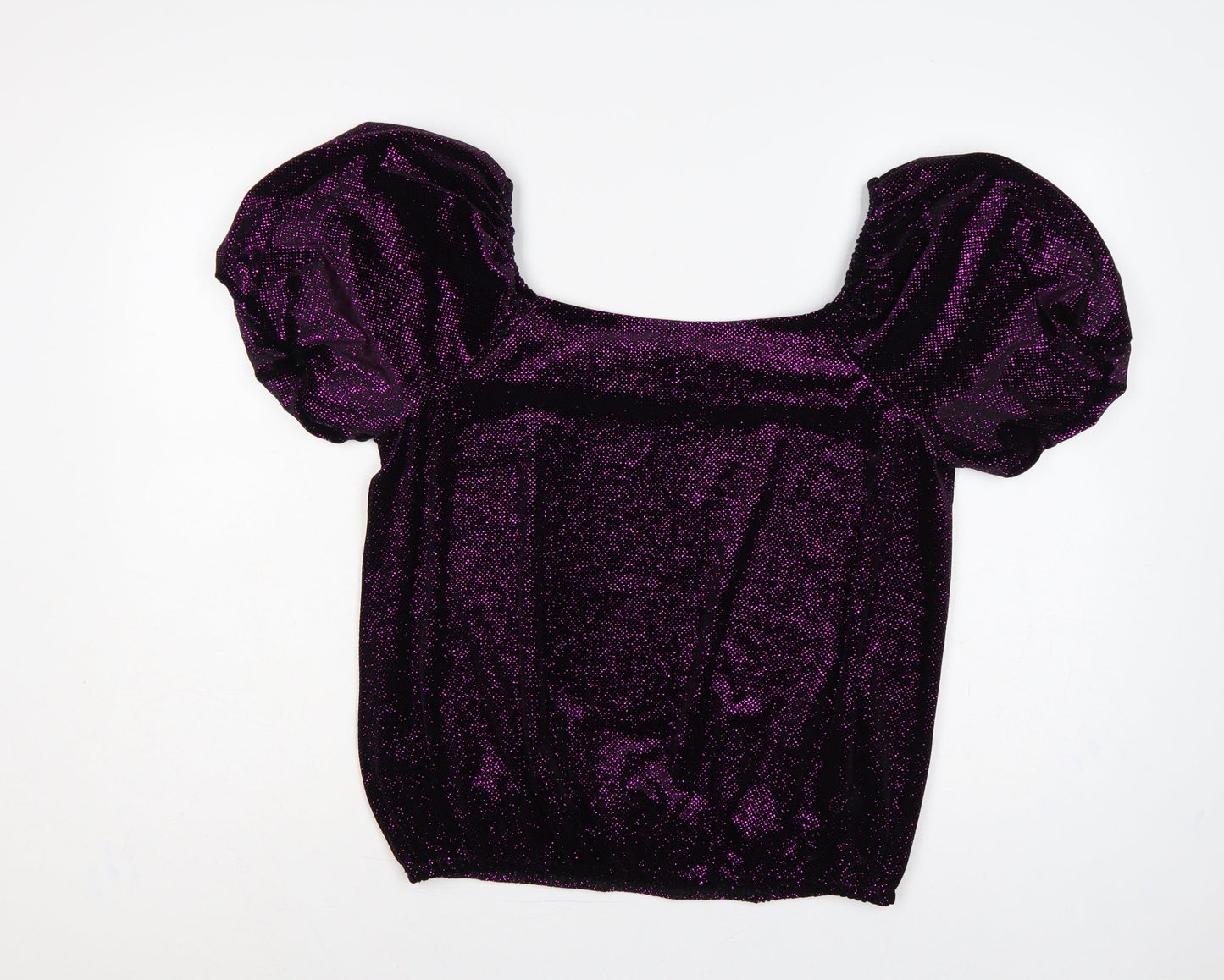 M&Co Women's Purple UK 14 Glitter Puff Sleeve Square Neck Blouse