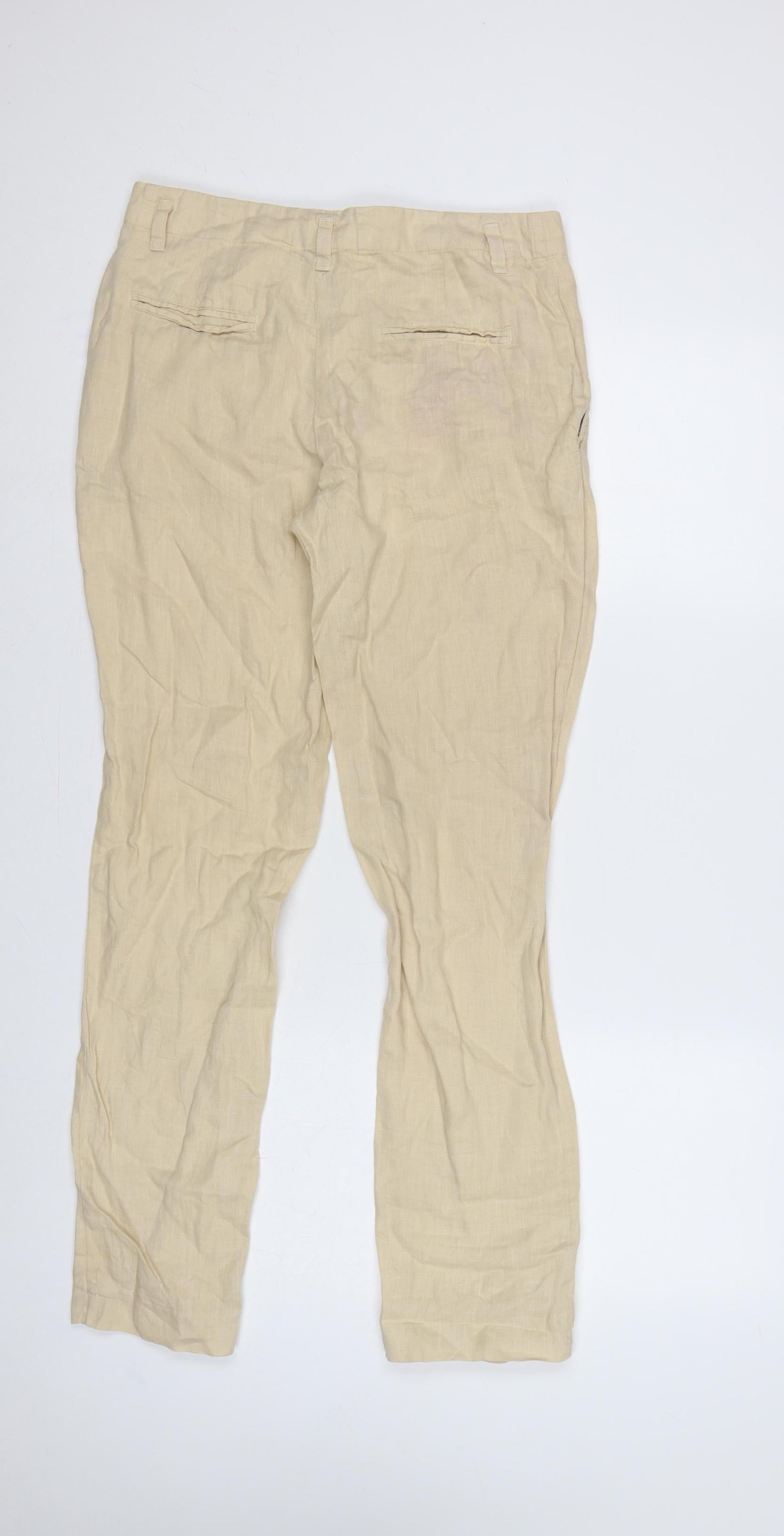 Zara Women Beige Linen Straight Chino Trousers Size S