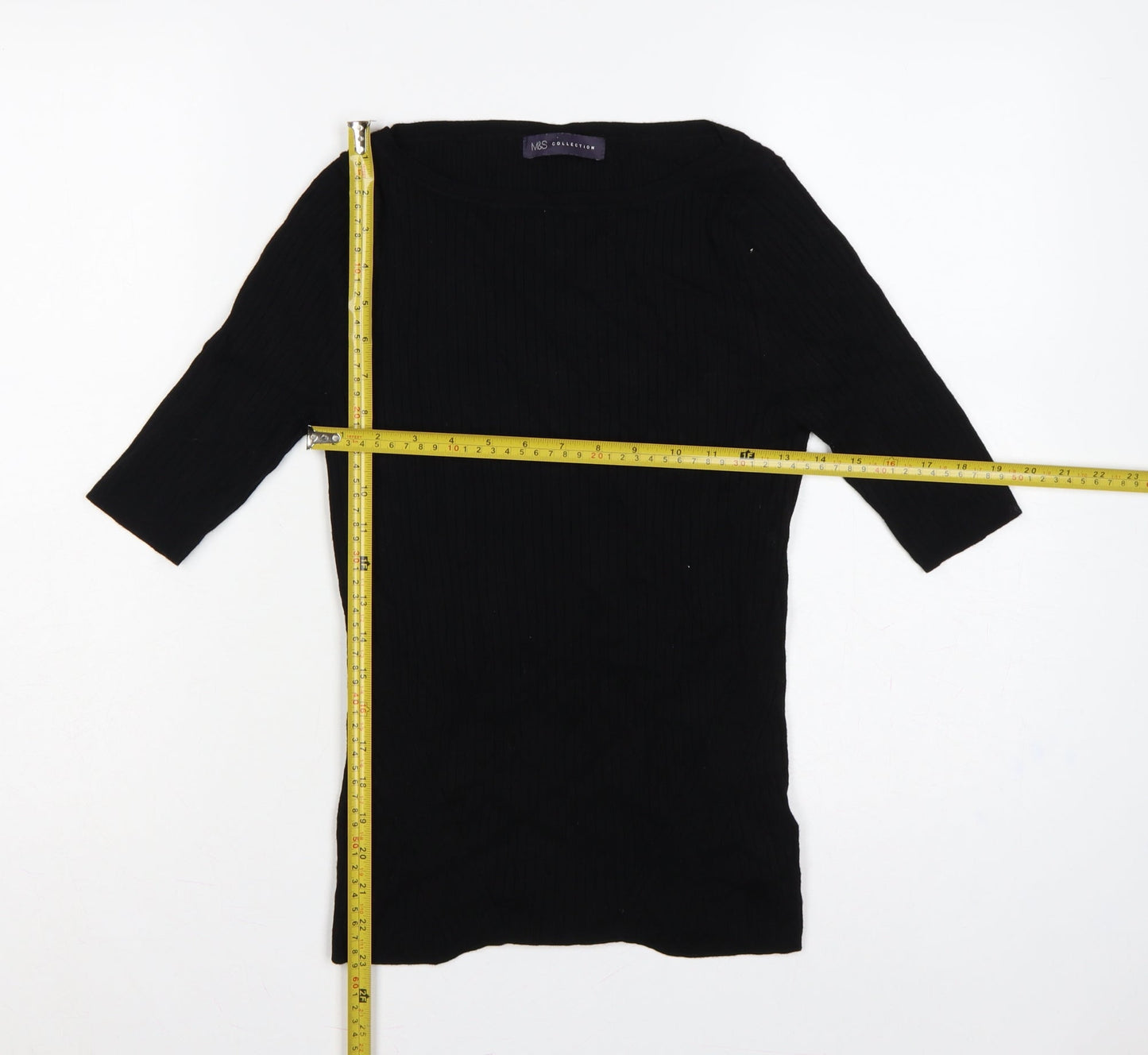 Marks and Spencer Women Black UK 10 Ribbed Knit 3/4 Sleeve Tunic Jumper